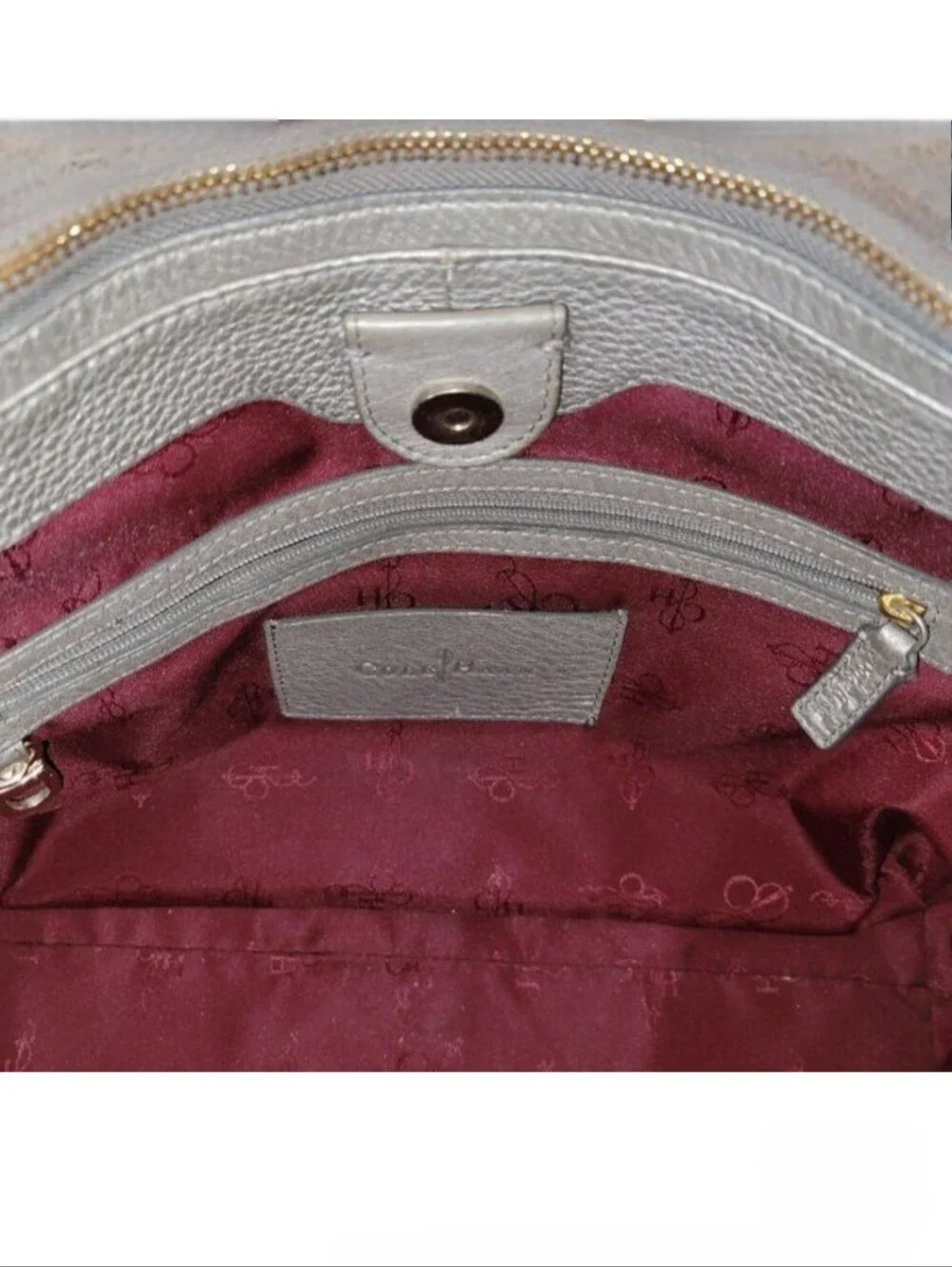 Cole Haan Silver Metallic Pebbled Leather Tote Satchel Purse Silver Hardware